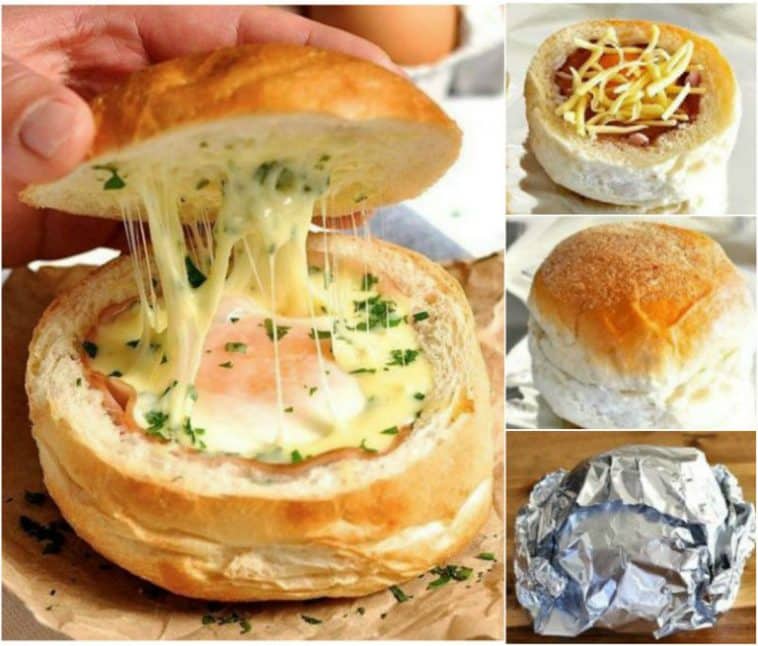 Ei-Schinken-Brötchen: Brötchen aufschneiden und aushöhlen, Schinken, Ei und Käse rein und ab in den Ofen!