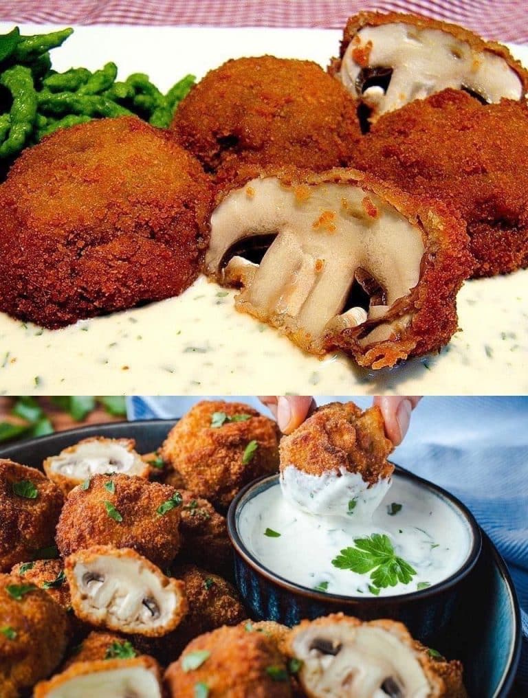 Panierte Champignons und Kräuterquark