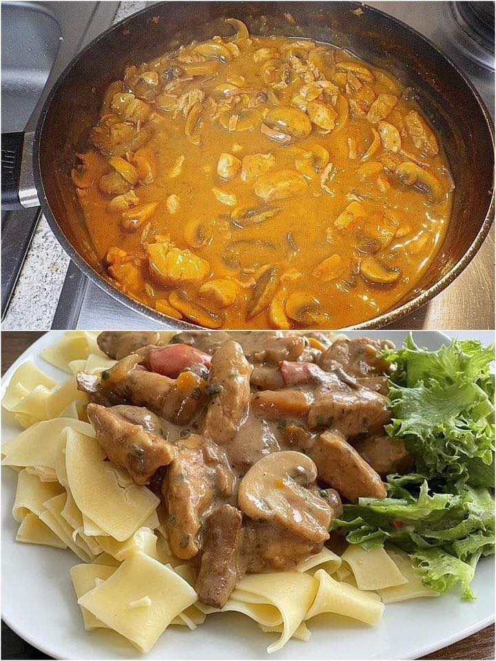 Puten-Sahne-Gulasch auf Bandnudeln