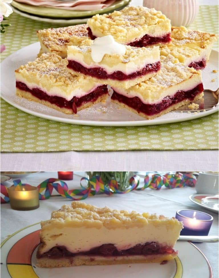 Käse-Streuselkuchen vom Blech mit Kirschkompott