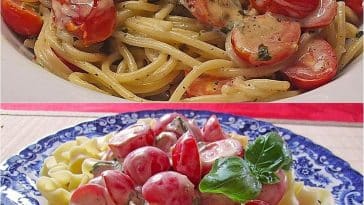 Nudeln mit marinierten Cherrytomaten und Frischkäse