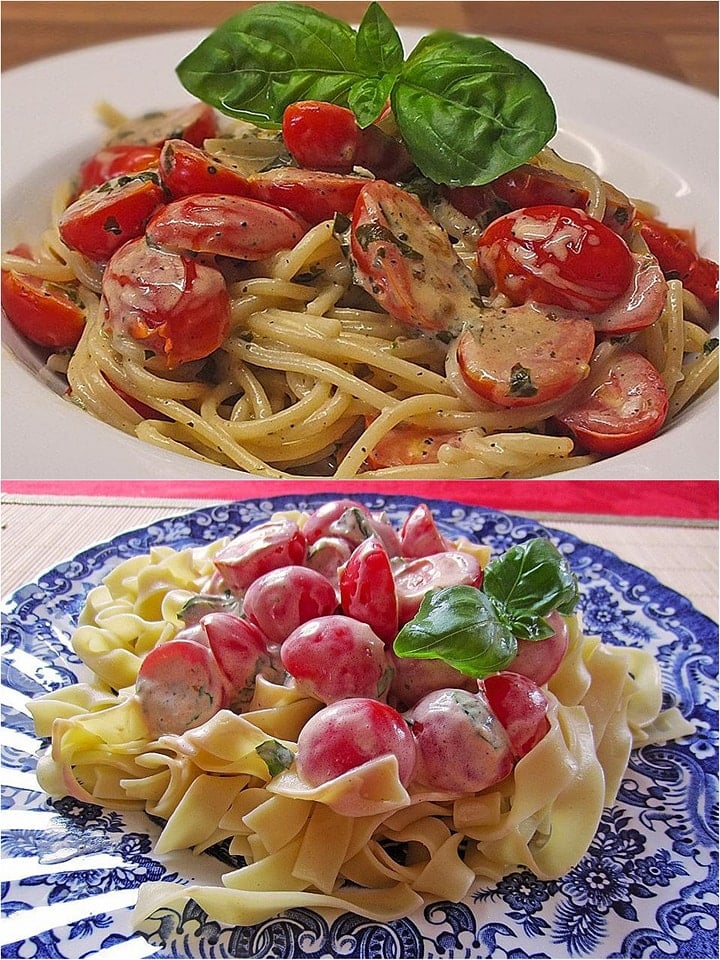 Nudeln mit marinierten Cherrytomaten und Frischkäse