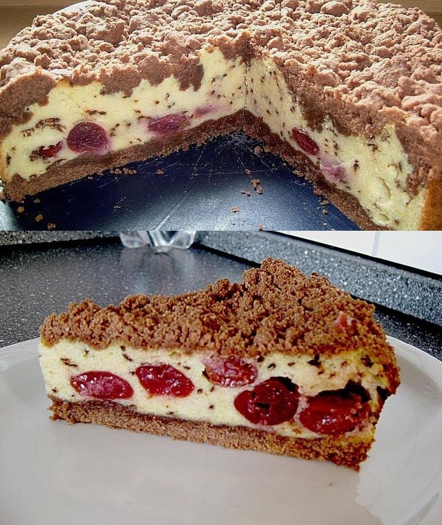 Schoko Streuselkuchen mit Vanille Kirschfüllung