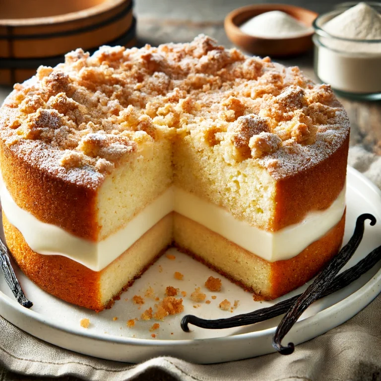 Versunkener Streuselkuchen mit Vanillepudding