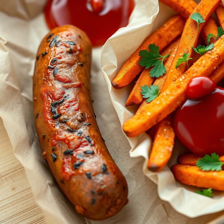Vegane Currywurst mit Süßkartoffelpommes