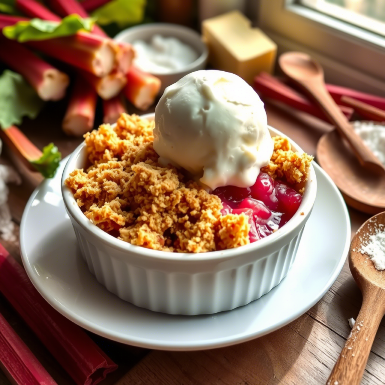 Knuspriger Rhabarber-Crumble mit Vanilleeis – Der Frühlings-Hit 2025!