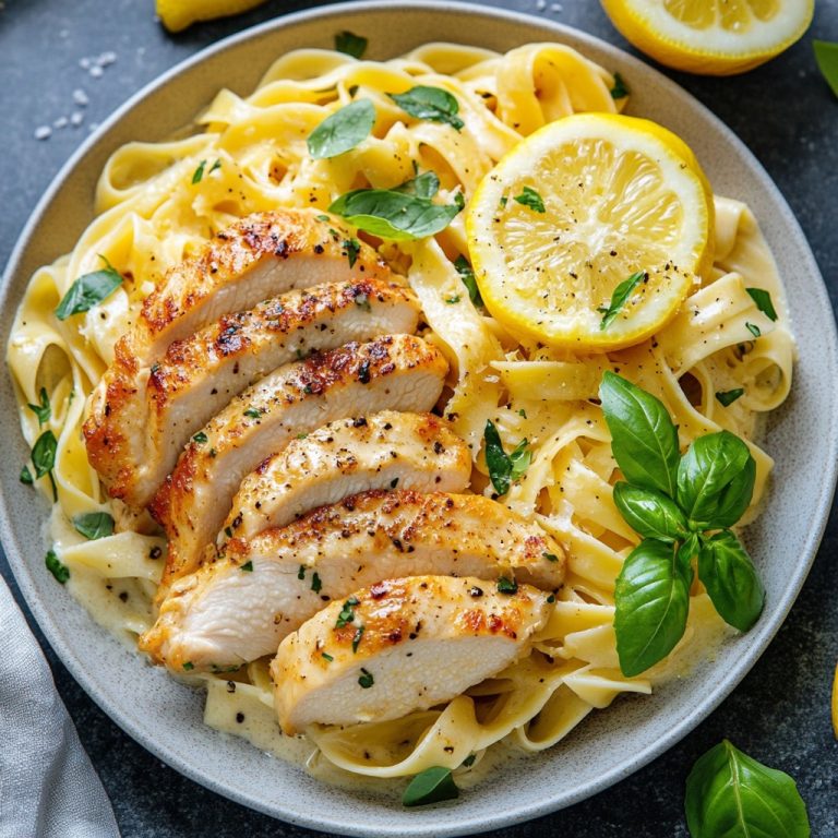 Zitronen-Hähnchen mit Basilikum-Butter-Sauce & Bandnudeln
