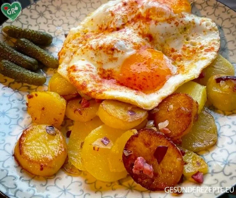 Bratkartoffeln mit Spiegelei auf einem Teller serviert