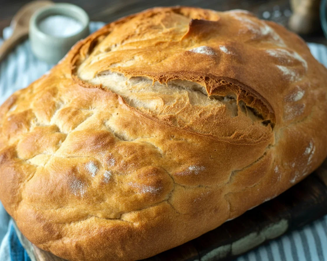 Frisch gebackenes Brot auf einem Holzbrett mit Zutaten zum Brot selber backen.