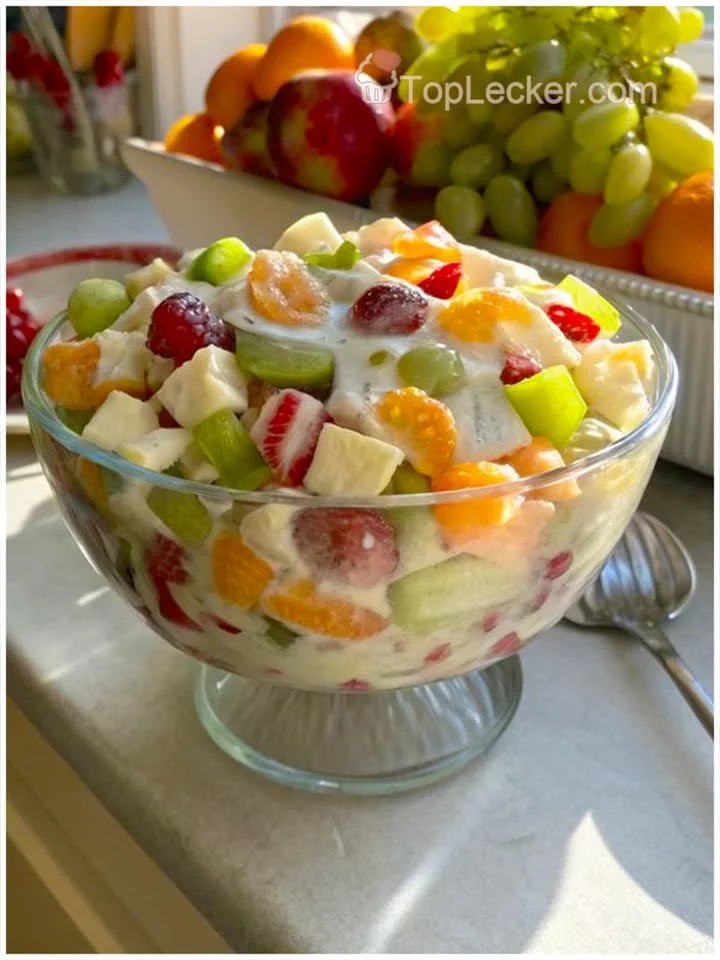 Bunter Fruchtsalat mit Joghurt und frischen Früchten auf einem Teller
