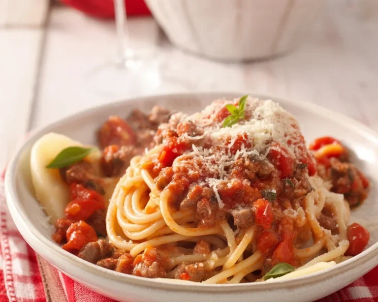 Traditionelle echte Sauce Bolognese mit Rinderhackfleisch und italienischen Gewürzen.