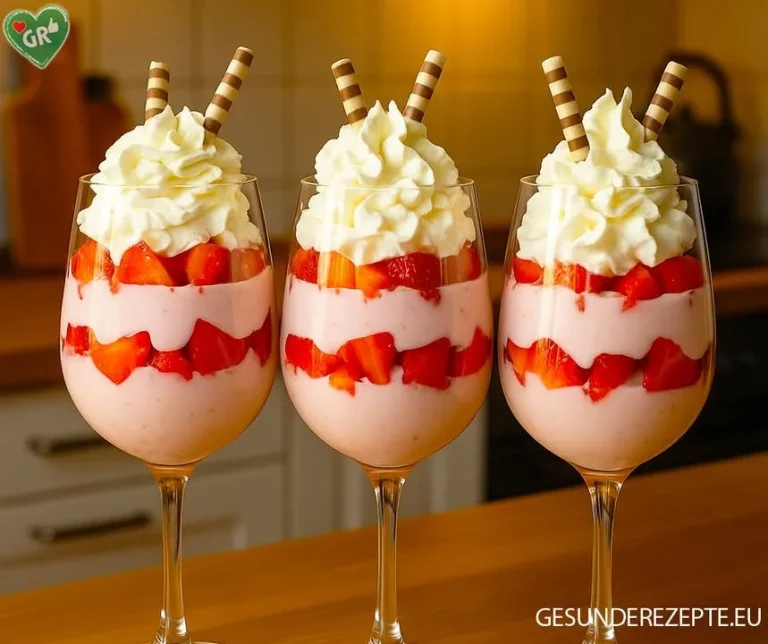 Erdbeer-Sahne-Creme mit Mascarpone, lecker und cremig auf einem Dessertteller