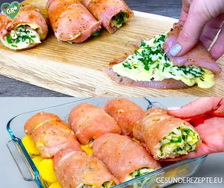 Gefüllte Hähnchenröllchen mit Käse und frischen Kräutern auf einem Teller.
