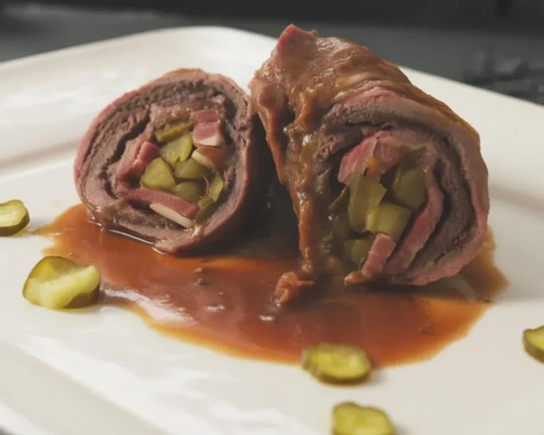 Klassische Rinderrouladen mit Füllung aus Senf, Speck und Zwiebeln in roter Soße.