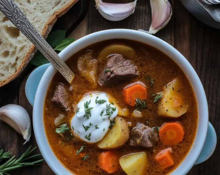 Schüssel mit authentischer Gulaschsuppe, gefüllt mit Rind, Zwiebeln und Paprika.