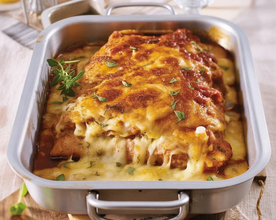 Überbackene Partyschnitzel aus dem Ofen mit Käse und Zwiebeln auf einem Blech.