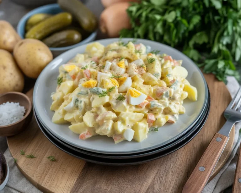 Köstlicher Kartoffelsalat mit Mayonnaise und Ei nach Oma's Rezept.