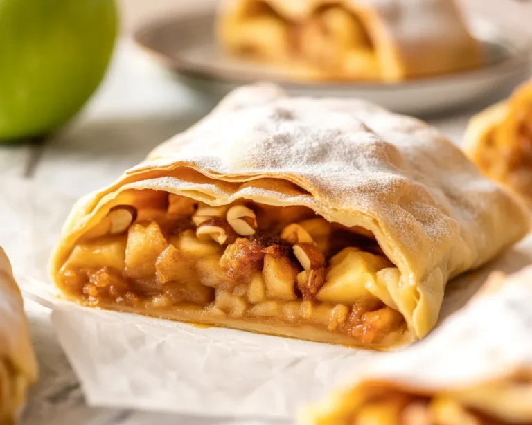 Frisch gebackener Apfelstrudel mit süßen Äpfeln, Zimt und Rosinen.