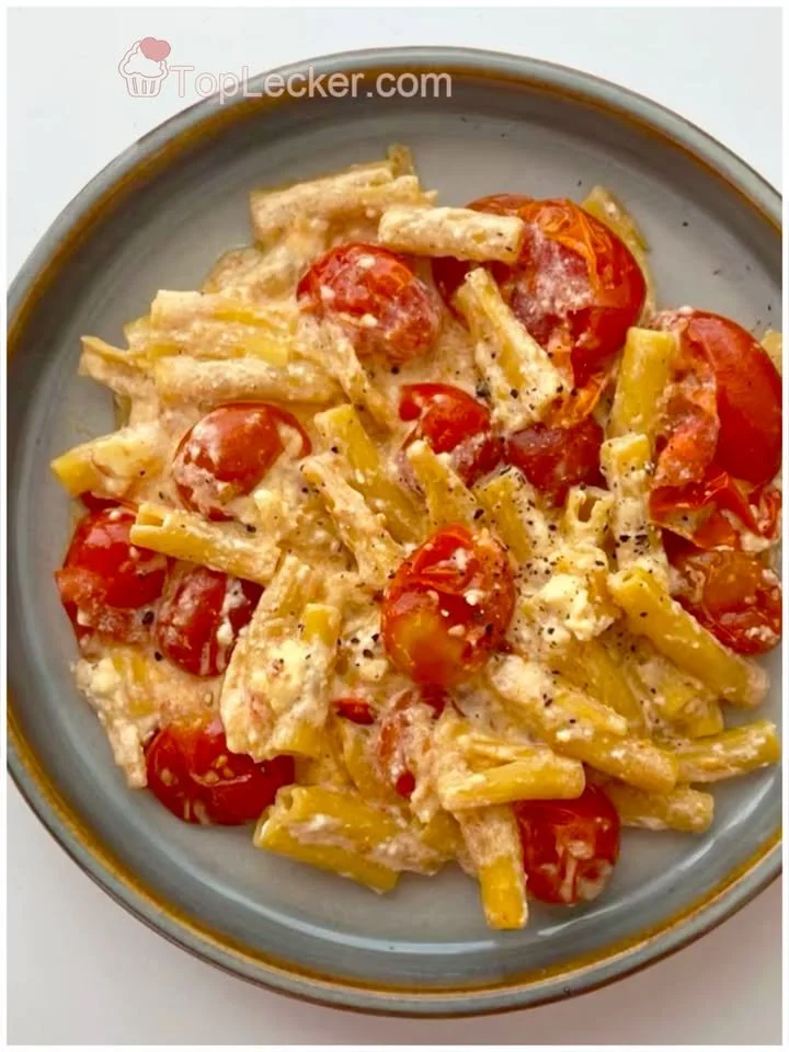 Pasta mit gebackenem Feta und Kirschtomaten auf einem Teller serviert