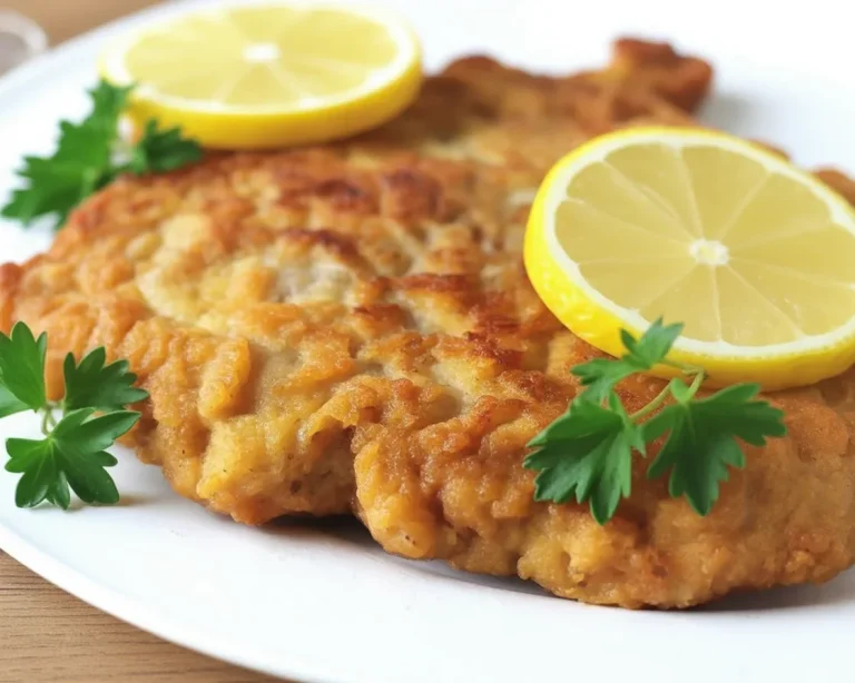 Köstliches Schnitzel, dünn plattiert und knusprig paniert.