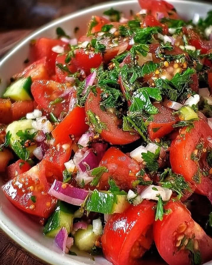 Leckerer und frischer Tomatensalat mit Kräutern und Dressing