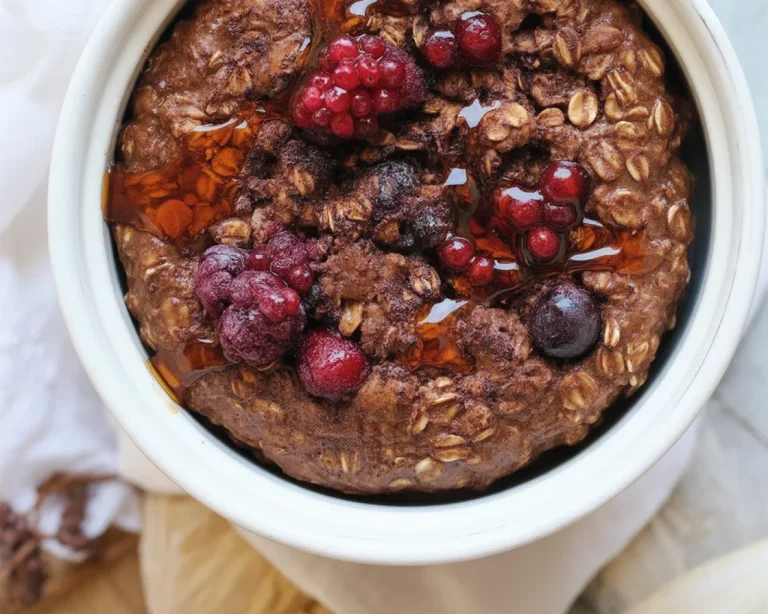 Leckere Baked Oats mit frischen Früchten und Nüssen für ein gesundes Frühstück.