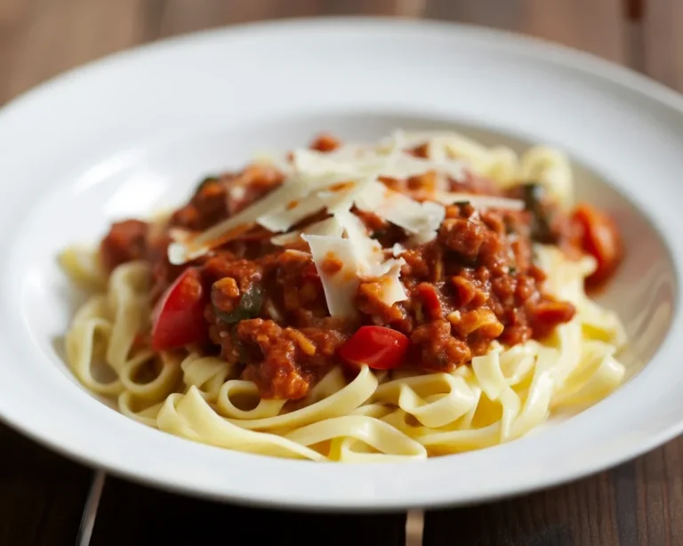 Bolognese Rezept mit Zutaten wie Rinderhackfleisch, Zwiebeln und Karotten.