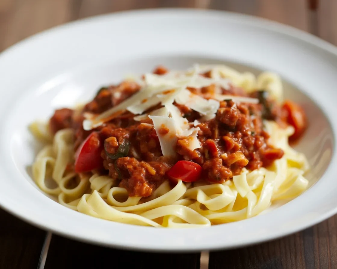 Bolognese Rezept mit Zutaten wie Rinderhackfleisch, Zwiebeln und Karotten.