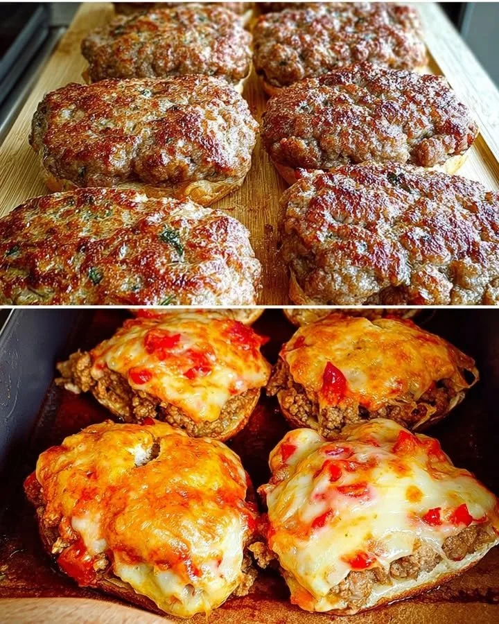 Brötchen mit Hackfleisch und geschmolzenem Käse auf einem Holzbrett serviert