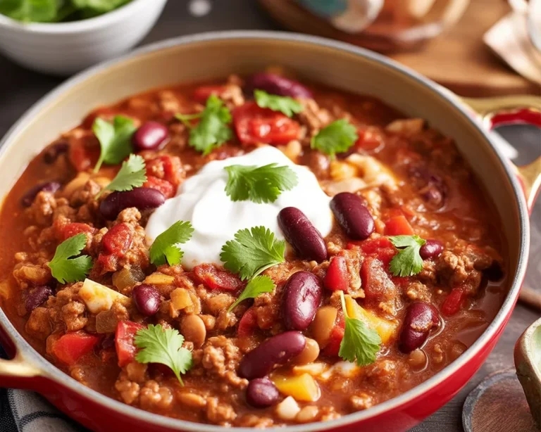 Chili con Carne Rezept mit Rinderhackfleisch und Bohnen in einer Pfanne.