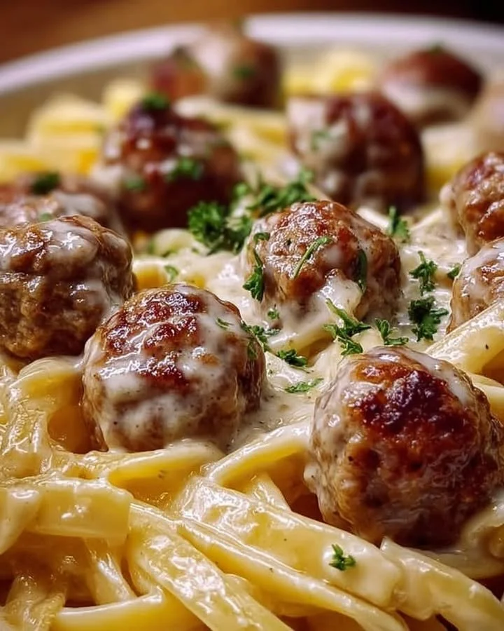 Cremige Fleischbällchen mit Nudeln in einer italienischen Sauce serviert.