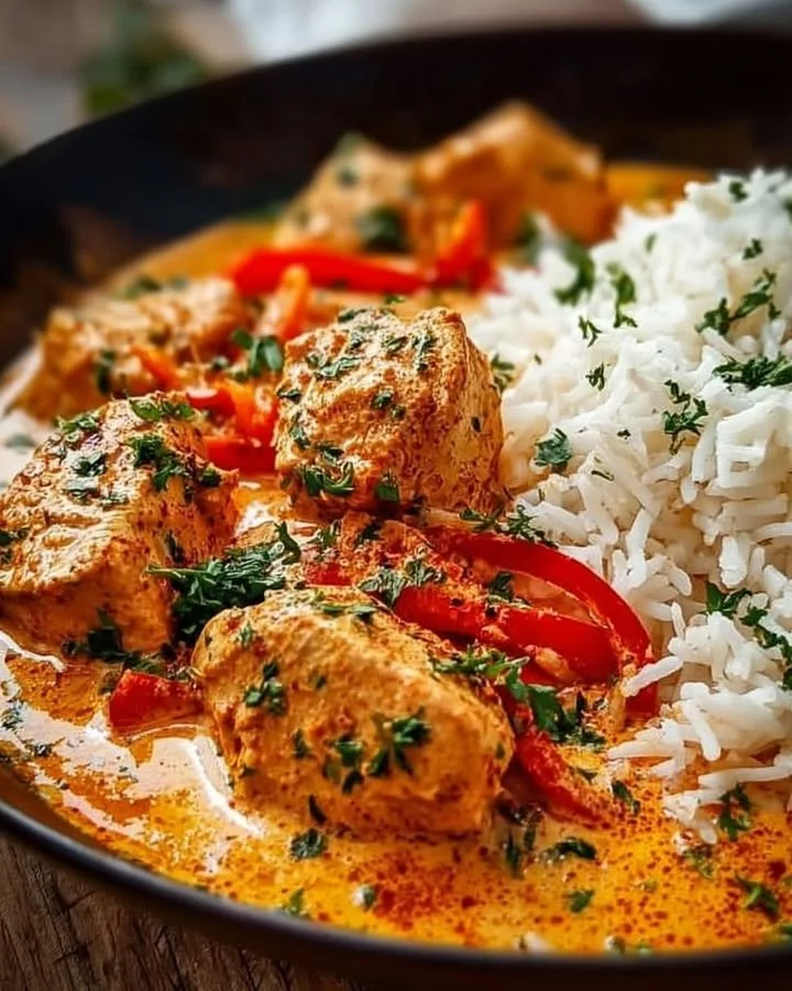 Cremiges Paprika-Hühnchen serviert mit zartem Reis in einer Schüssel.