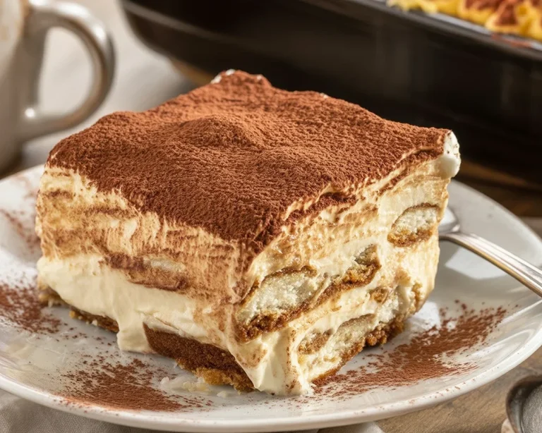 Ein köstliches Tiramisu auf einem Teller, ideal nach dem einfachen Tiramisu Rezept.