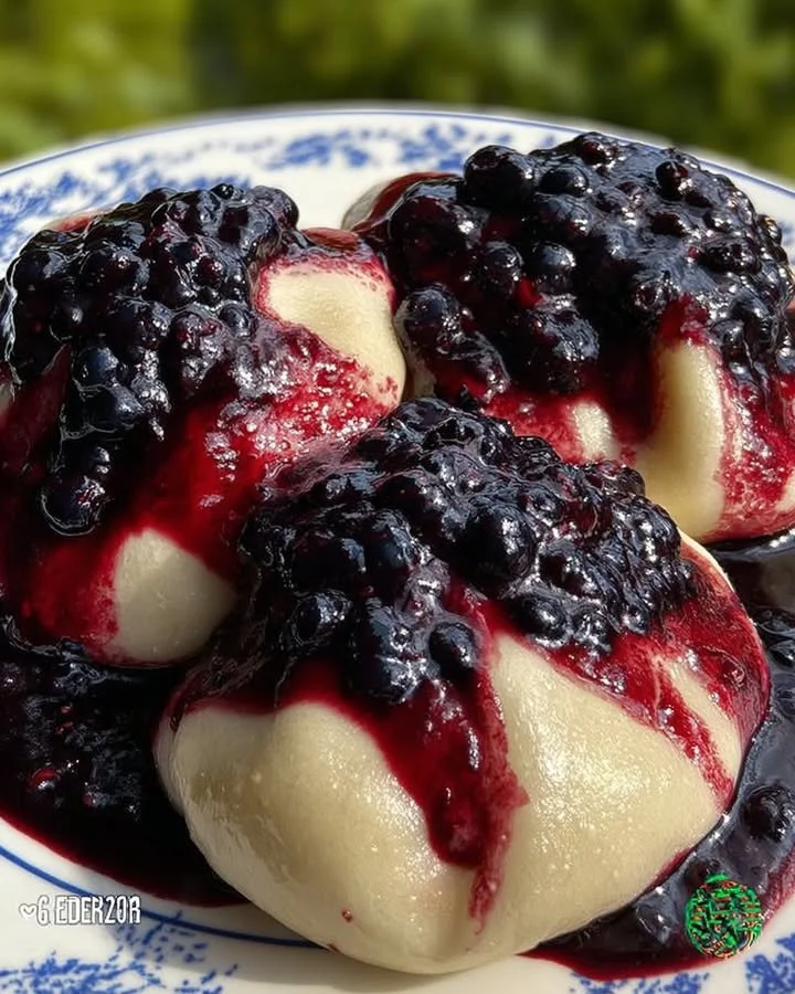Dampfnudeln mit frischer Heidelbeer-Soße serviert auf einem eleganten Teller