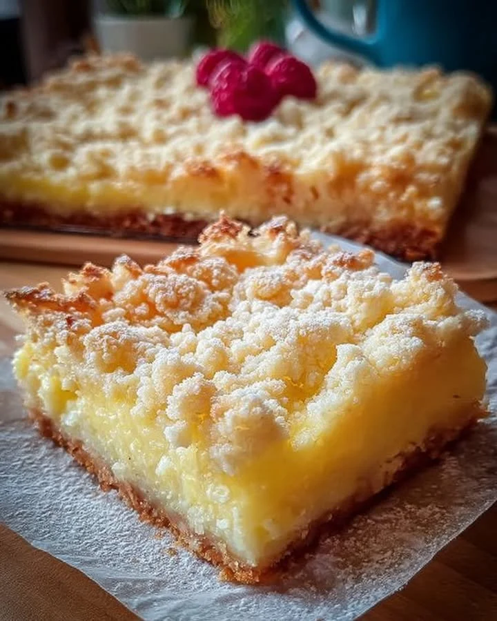 Ein frisch gebackener Vanillepudding-Streuselkuchen mit Streuseln darauf.
