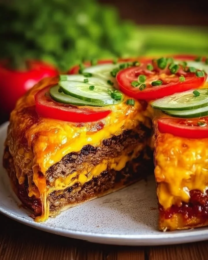 Leckere Käseburger-Torte mit saftigem Käse und saftigen Zutaten