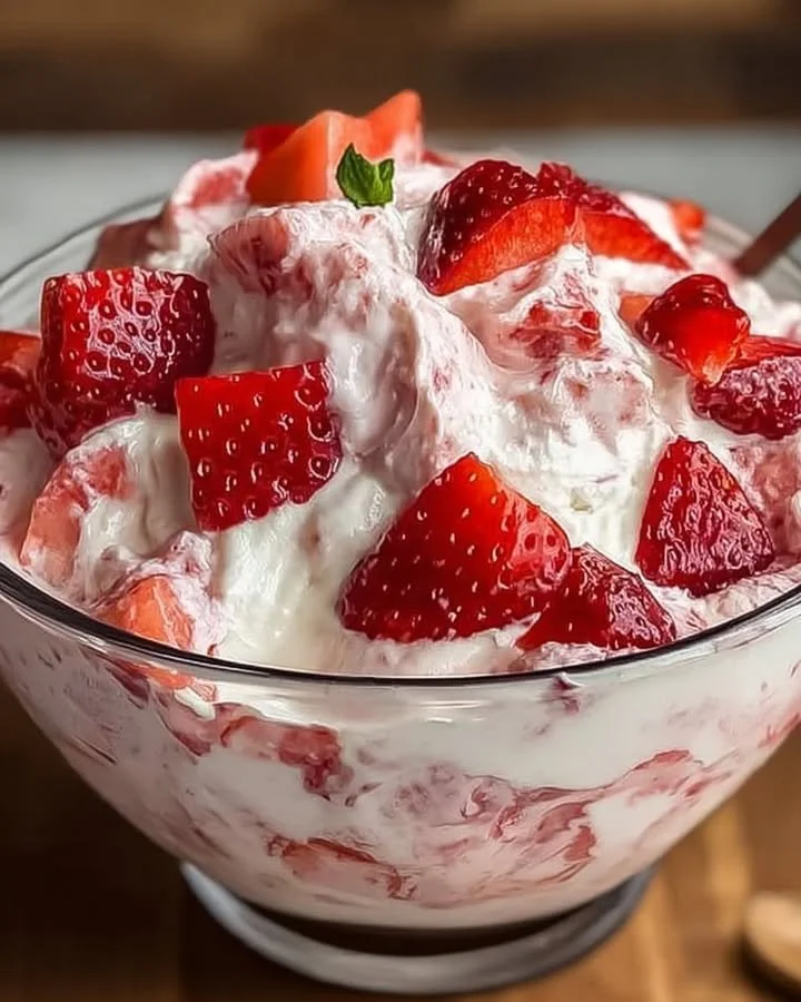 Leckeres Erdbeer-Joghurt-Dessert in einer Schüssel, schnell zubereitet in 5 Minuten.