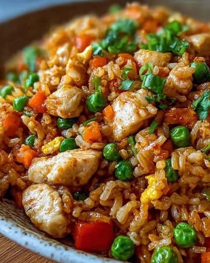 Schüssel mit perfekt gebratenem Reis, aromatisch und appetitlich zubereitet.