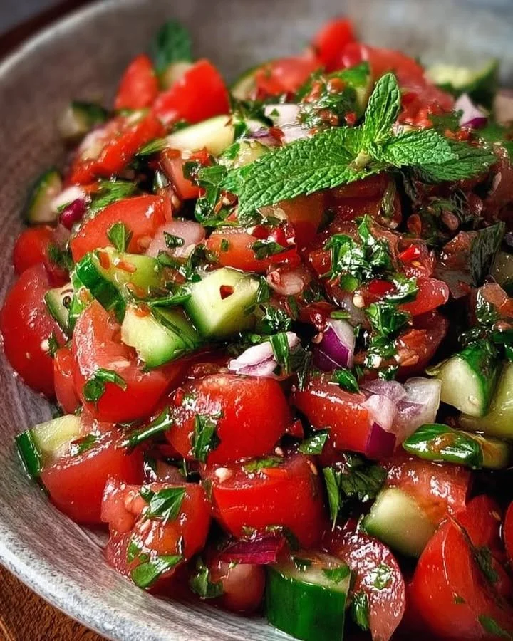 Frischer Tomatensalat in einer Schüssel, schnell und einfach zubereitet in 5 Minuten.