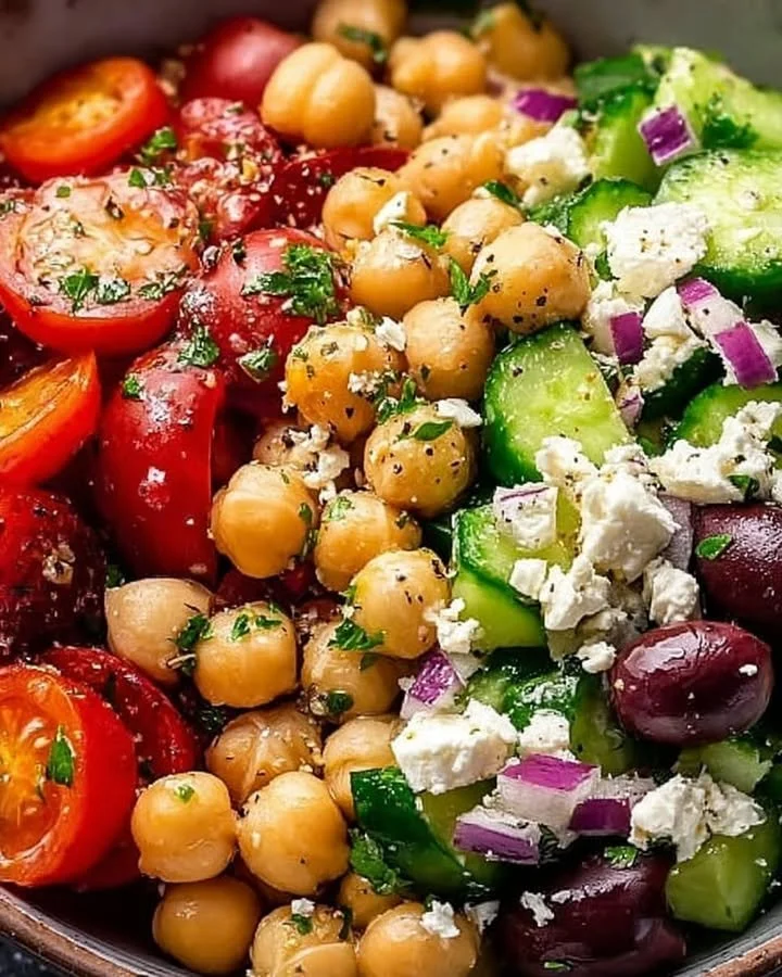 Frischer Kichererbsensalat mit Gemüse und Kräutern auf einem Teller