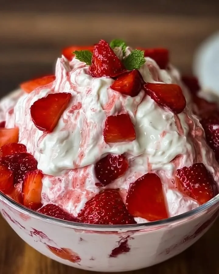Erdbeer Dessert mit Joghurt in einer Schale serviert, dekoriert mit frischen Erdbeeren.