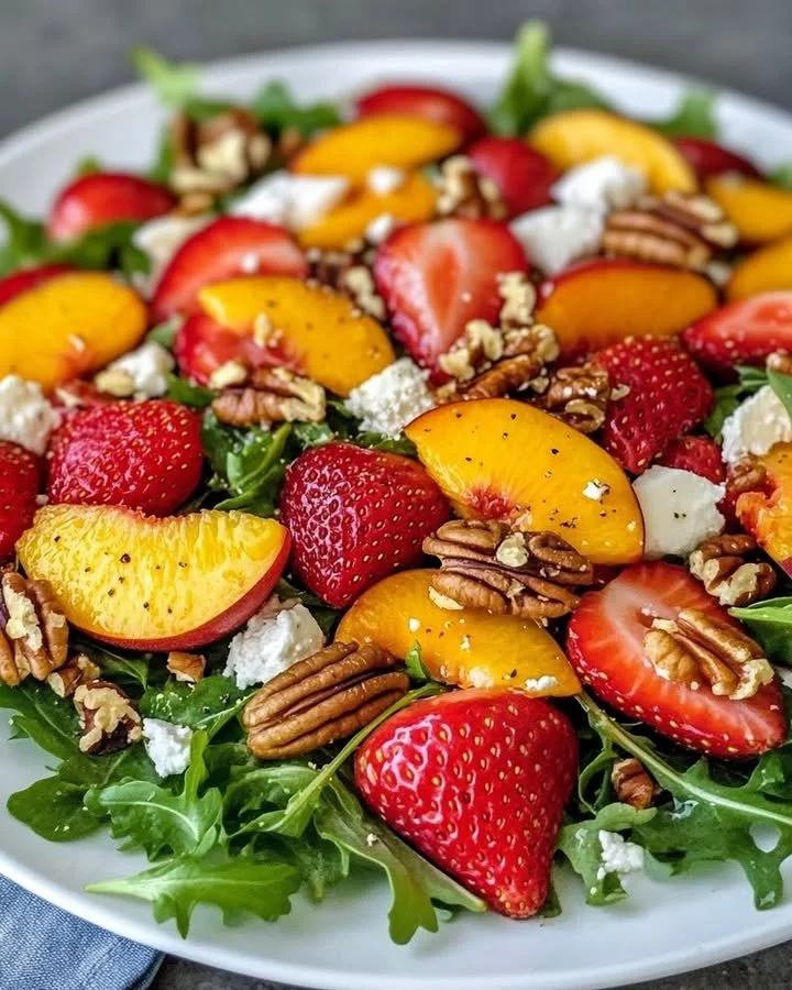 Erdbeer-Pfirsich-Salat mit Honig-Zitronen-Vinaigrette auf einem weißen Teller
