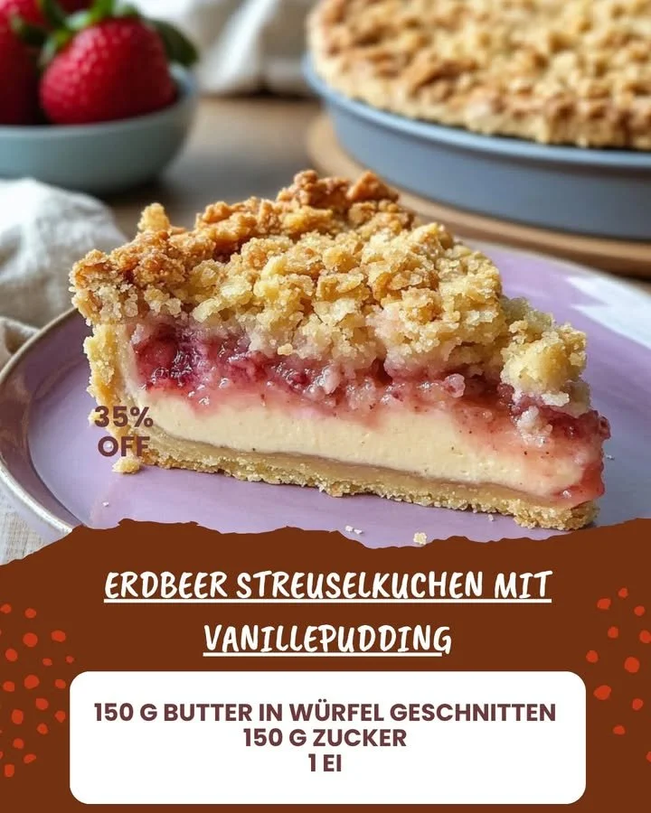 Erdbeer Streuselkuchen mit Vanillepudding auf einem Teller angerichtet