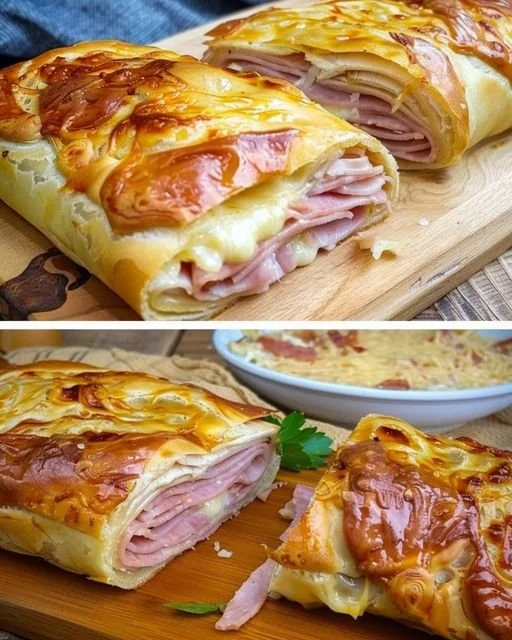 Gefüllter Blätterteigstrudel mit Schinken und Käse auf einem Teller