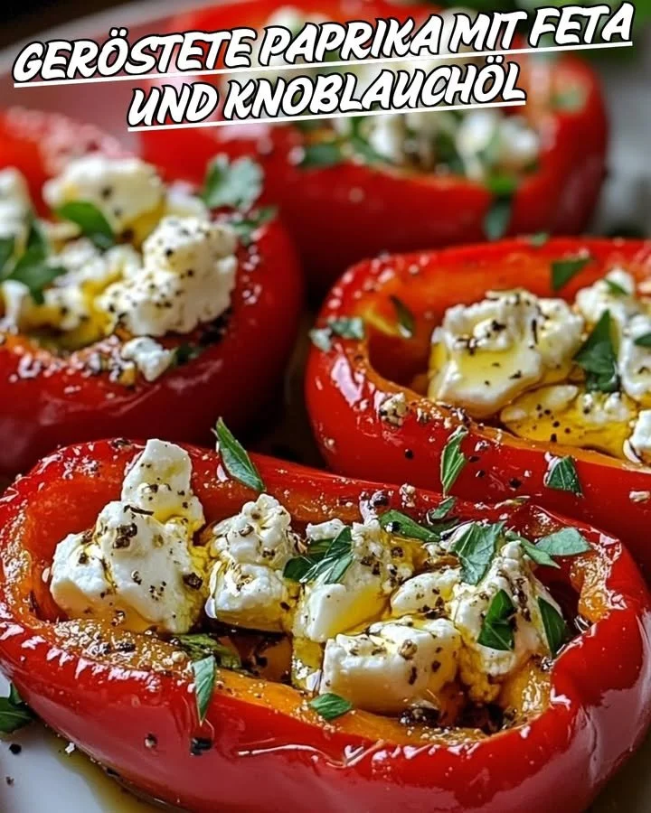 Geröstete Paprika mit Feta und aromatischem Knoblauchöl anrichten