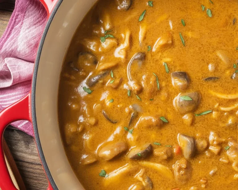 Geschnetzeltes mit Zwiebeln und Pilzen in einer cremigen Sauce serviert