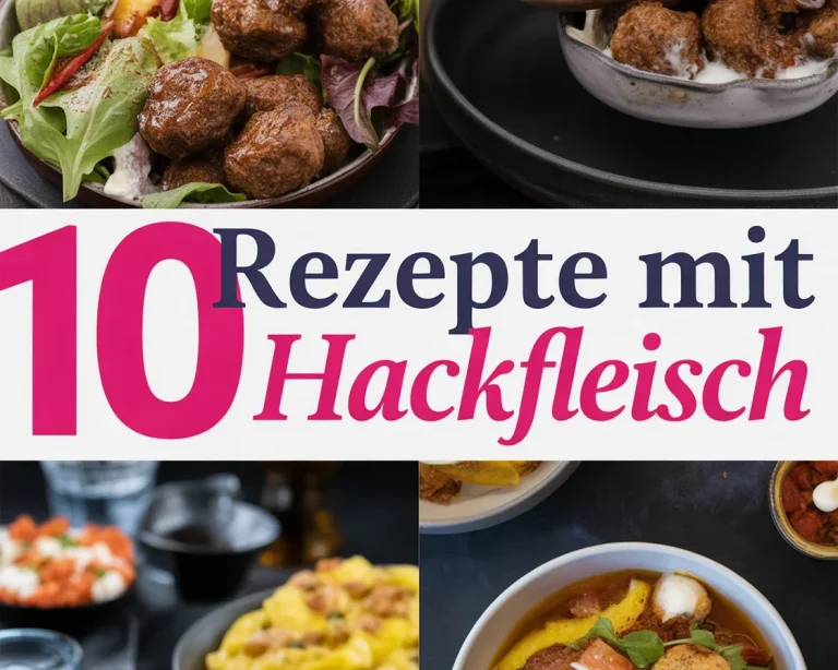 Verschiedene köstliche Gerichte mit Hackfleisch, einschließlich Auflauf und Burger.