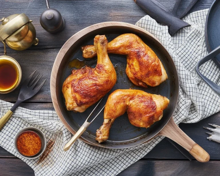 Knusprige Hähnchenschenkel im Backofen mit Paprika-Marinade und Ofengemüse.