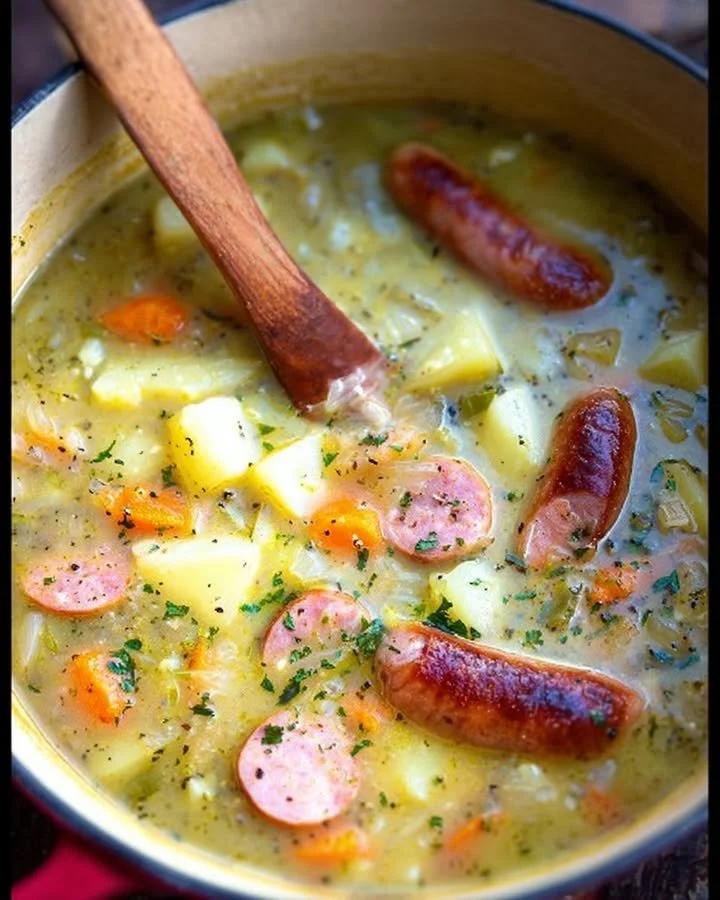Eine dampfende Schüssel Kartoffelsuppe mit Würstchen auf einem Holzuntergrund.