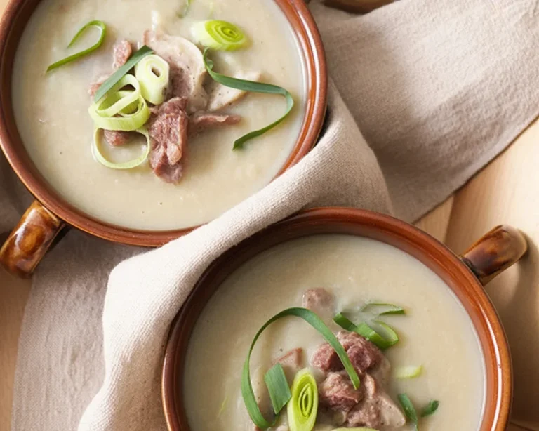Käse-Lauch-Suppe mit Hackfleisch in einer Schüssel, garniert und appetitlich angerichtet.